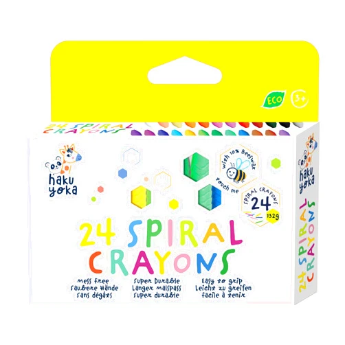 Haku Yoka Spiral Crayons, 24 Colours, Mess Free, Super Durable and Easy to Grip Crayons for Ages 2 years+, Natural Beeswax & Organic Mineral Coloured Crayon