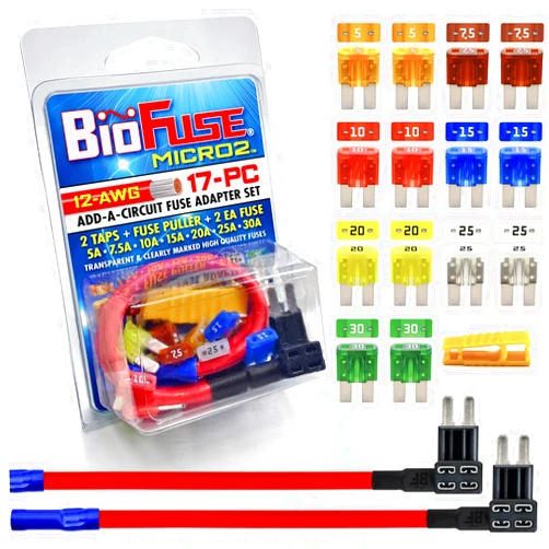 BIOFUSE 12 AWG Micro2 APT ATR 17 Piece Automotive Car Fuse Assortment and Holders Pack (2 Add-a-Circuit Fuse Tap Adapters, 14 Micro 2 Blade Fuses + Fuse Puller) 5A 7.5A 10A 15A 20A 25A 30A
