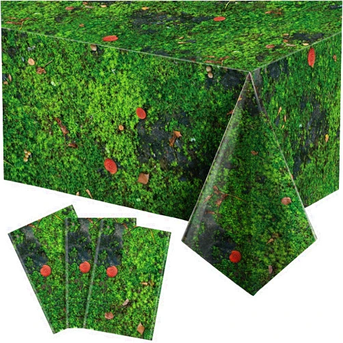 Tiamon 3 Pcs Green Moss Plastic Tablecloth 108 x 54 Inch Green Grass Leaves Table Cover Disposable Green Grass Table Cloth for Rectangle Table Forest Jungle Plants Nature Birthday Party Supplies