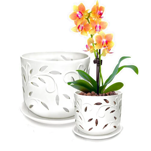 KERUITA Orchid Pots with Holes,6 inch + 5 inch Ceramic Planters Set of 2 with 2 Bottom Tray, Enhanced Drainage and Ventilation,White Flower Pots for Indoor/Outdoor Plants for Repotting