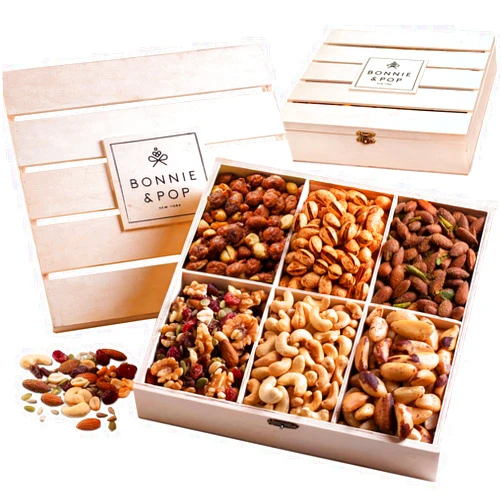 BONNIE AND POP Nut Gift Basket, in Reusable Wooden Crate, Healthy Gift Option, Gourmet Snack Food Box, with Unique Flavors, Great for Feel Better, Sympathy & Birthday- Bonnie & Pop