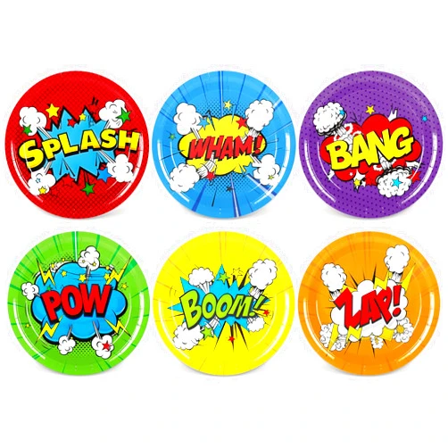 Whaline Super Theme Hero Party Plates Super Theme Hero Party Supplies Colorful Hero Disposable Dinner Plate 6 Designs Funny Dinnerware Plate 9 Inch for Birthday Party Supplies Table Decor, 24Pcs