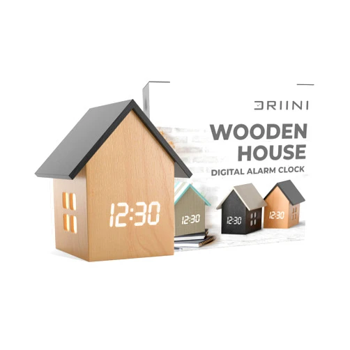 Driini Digital House-Shaped Alarm Clock with Temperature Display (Light Wood) – Modern Aesthetic - Cute Cube Frame and White LED Dimmer - Perfect Small Desk Clock for Bedside Table or Bedroom Mantle