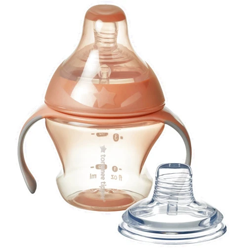 Tommee Tippee Transition Cup, Breast-Like Teat and Soft Silicone Spout, Removable Easy-Grip Handles, Leakproof Lid, 150ml, 4-7m+, Pink