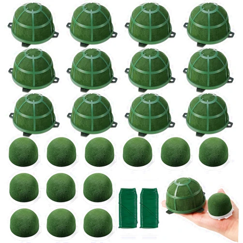 Tessco 24 Pcs Floral Foam Holder Set Include 12 Mini Floral Foam Holder 12 Small Round Floral Foam with 2 Pcs Green Floral Wire Green Flower Foam for Fresh Flowers Wine Bottle Gift Box Wedding Decor