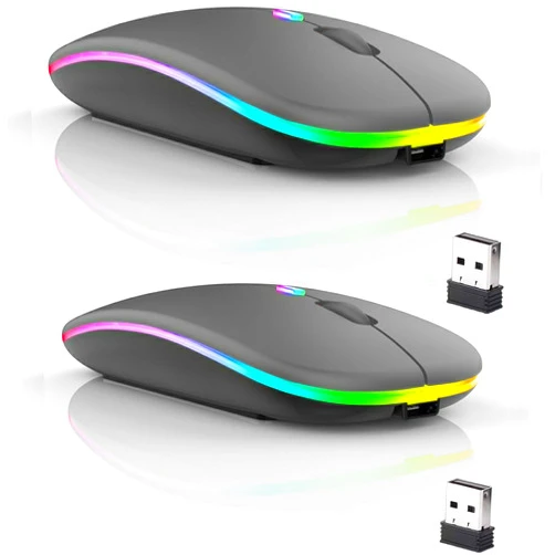 Guiheng 2 Pack Wireless Bluetooth Mouse,LED Dual Mode Rechargeable Silent Slim Laptop Mouse,Portable(BT5.2+USB Receiver) Dual Mode Computer Mice,for Laptop,Desktop Computer,Tablet,Phone,Mac (Grey)