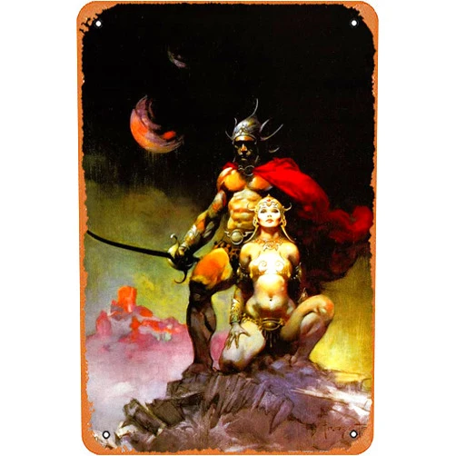 GNTOET Swords Of Mars By Frank Frazetta -Iron Painting Wall Poster Metal Vintage Band Tin Signs Retro Garage Plaque Decorative Living Room Garden Bedroom Office Hotel Cafe Bar 8 X 12 Inch