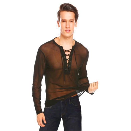 COOFANDY Mens Sexy Lace up See Through Long Sleeve T Shirt Mesh Undershirts