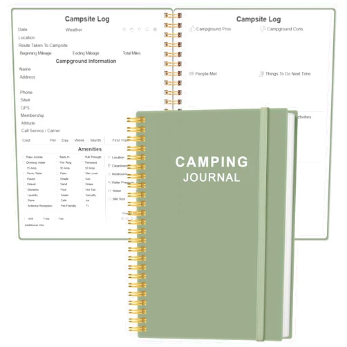 Heveboik Camping Journal and RV Travel Log Book - A5 Outdoor Camp & Adventure Journal for 25 Camping, Hiking Journal, Family Travel Books Camper Essentials Camping, 5.8