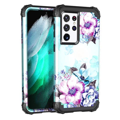 Casetego Compatible with Galaxy S21 Ultra 5G Case,Floral Three Layer Heavy Duty Sturdy Shockproof Full Body Protective Cover Case for Samsung Galaxy S21 Ultra 5G 6.8 inch,Blue Flower