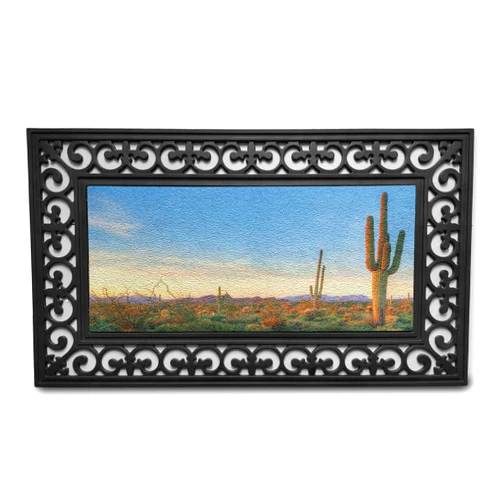 Ambesonne Desert Doormat, Sonoran Desert Catching Days Last Rays Saguaro Cactus Wild Vegetation, Rectangle Entryway Welcome Mat for Front Door & Backyard, 17.3
