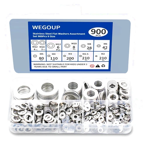 Wegoup Washers, 900 Pcs Washers for Screws, 304 Stainless Steel Flat Washers, Flat Washers for Bolts Assortment, Fender Washers Set, 9 Sizes（M2 M2.5 M3 M4 M5 M6 M8 M10 M12) for Industrial