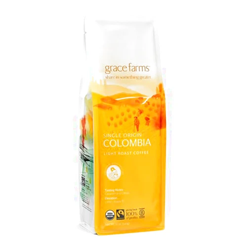 Grace Farms, Organic Ground Coffee, Single Origin Colombia Light Roast, 12oz Bag, 1 Count | Notes of Caramel & Citrus | Gives Back 100% of Profits