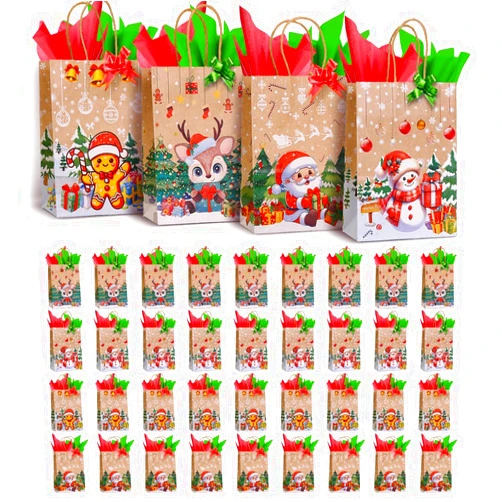 TIMBLESSING 36 Piece 13inch kraft paper gift Bags Bulk Party Gift Bag With 72 Sheets of Wrapping Paper, large size, Gift Bags for All Occasions (Christmas-No.2)