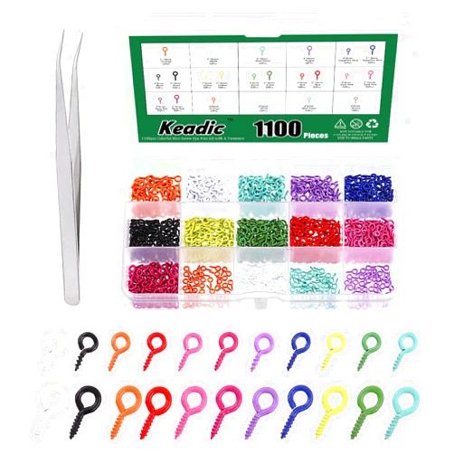 Keadic 1100Pcs Colorful Screw Eye Pins for Jewelry Making, 11 Color Mini Metal Eyelets Screw Clasps Hook Rings for Cork Top Bottles, Art DIY Jewelry, Charm Bead