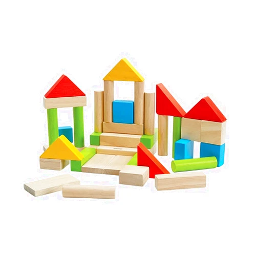PlanToys Wooden Building Blocks - 40 Unit Blocks Natural and with Color (5513) | Sustainably Made from Rubberwood and Non-Toxic Paints and Dyes