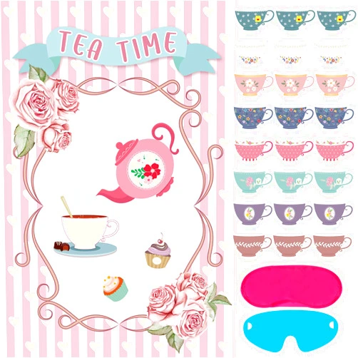Hooqict Tea Party Games Pin The Tea Cup on The Saucer, Large Tea Party Decorations Poster with 24 Tea Cup Stickers for Girls Birthday Party Games Women Tea Party Favors Supplies