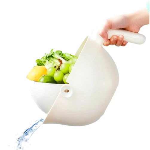 Elite Aiwei 2 in 1 Kitchen Colander Rotating Washing Basket with Handle for Fruit Vegetables Pasta Spaghetti，Double Drain Strainer Bowl, Dishwasher Safe- strainers and colanders (Cream White)