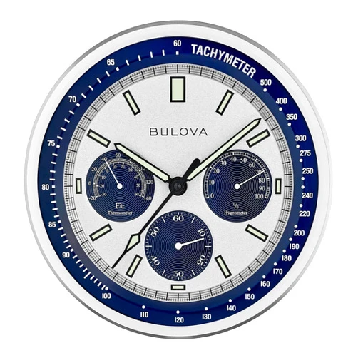 Bulova Lunar Pilot Wall Clock C1971 | Matte Silver Finish |Temperature & Hygrometer Display | Silent Sweep Quartz Movement | 13.75-Inch