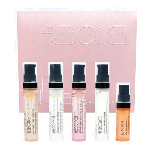 Reboncel Korean Skin Care Set Travel Kit, TSA Approved Travel Size Toiletries, Ampoule, Cleanser, Toner, Essence, Cream | Travel Essentials Gift Set | All-Natural Moisturizing Skincare