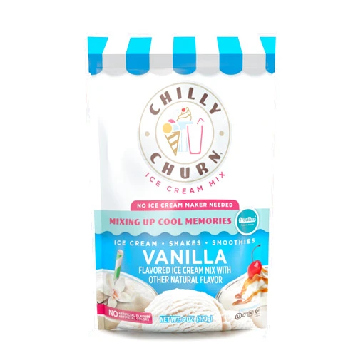 Chilly Churn Vanilla Flavored Ice Cream, Shakes, Smoothies Mix By Frostline Brand, Use with Ice Cream Machine, Countertop Creamer, Blender, And More, Gluten Free, Kosher, Makes 1.5 Quarts, 6 oz Pouch