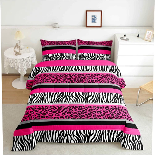 Feelyou Zebra Stripes Comforter Leopard Print Comforter Set For Kids Boys Girls Pink Black White Zebra Leopard Fur Bedding Set Ultra Soft Decor Wild Animal Skin Texture Pattern Duvet Set Queen Size Quilt Set