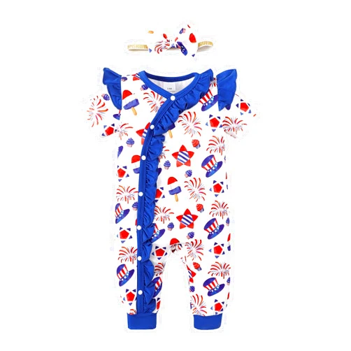 Bonangber 4th of July Baby Girl Outfits Newborn Jumpsuit Short Sleeve Romper American Flag Onesie Cute Cotton Overalls