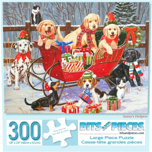 Bits and Pieces – 300 Piece Jigsaw Puzzle for Adults – Santa's Helpers - Puppies Christmas Sleigh Jigsaw Puzzle by Artist William Vanderdasson, Completed Puzzle Size: 18