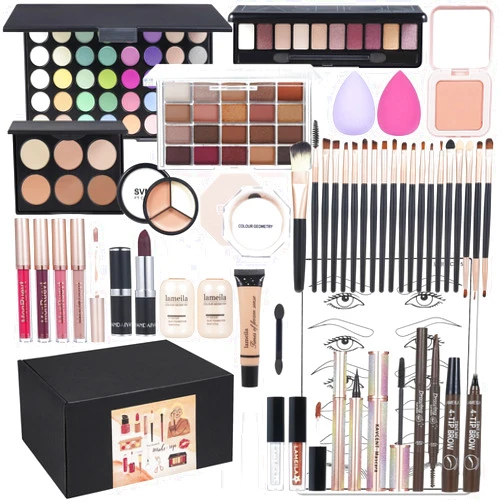 TooAemiS All in One Makeup Kit Makeup Kit for Women Full Kit Multipurpose Makeup ，eyeshadow、 liquid foundation,Loose powder,Eyebrow pencil,4-color lip gloss set