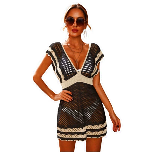 MakeMeChic Women's Deep V Neck Hollow Out See Through Knit Swimsuit Cover Up Beach Dress