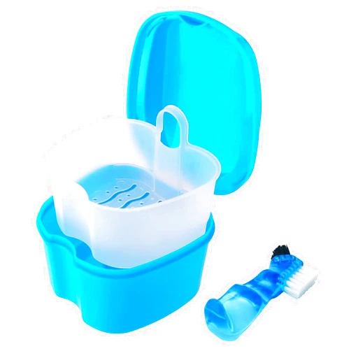 Keedolla Denture Cup Orthodontic Retainer Case, Denture Bath Box Dental Mouthguard Case Cleaning with Brush, Strainer Basket and Lid Waterproof - Blue