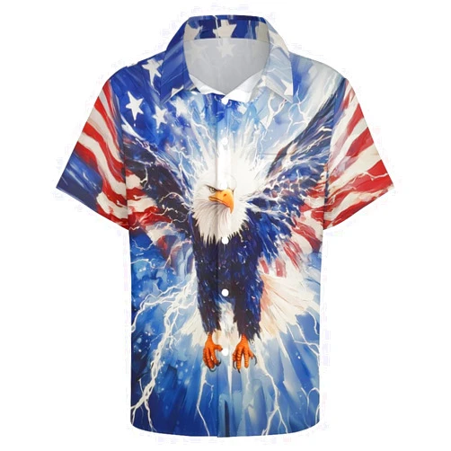 GHUALURU Men's American Flag Button Down Shirt Casual Eagle Hawaiian Shirts Patriotic Short Sleeve