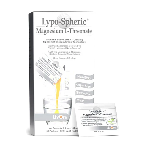 LivOn Laboratories Lypo-Spheric Magnesium L-Threonate - 30 Packets - 77mg Per Packet - Liposome Encapsulated for Maximum Bioavailability - Professionally Formulated - 100% Non-GMO