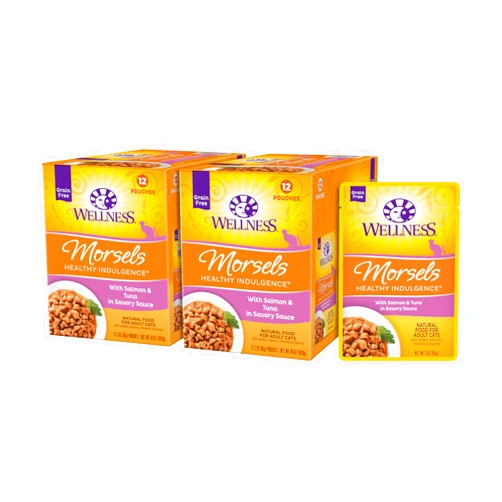 Wellness Healthly Indulgence Morsels Adult Wet Cat Food, Natural, Protein-Rich, Grain Free, 3 Ounce Pouch, 24 Pack, (Salmon & Tuna)