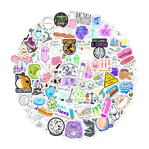 BulbaCraft 100Pcs Microbiology Stickers for Water Bottle and Laptop - Microbiology Party Supplies & Decorations, Waterproof Vinyl Decals, Science and Microbe Stickers, Gifts for Women & Men
