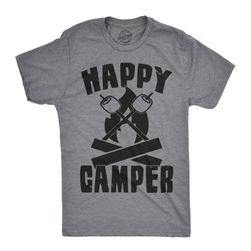 Crazy Dog T-Shirts Mens Happy Camper Shirt Funny Camping Cool Hiking Graphic Vintage Tee 80s Saying Funny T Shirts Vintage Apparel for Men Cool Camping Short Sleeve Novelty Light Grey L