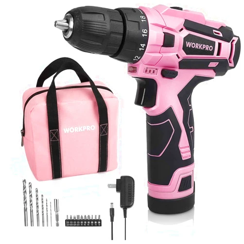 WORKPRO Pink Cordless Drill Driver Set, 12V Electric Screwdriver Driver Tool Kit, 3/8