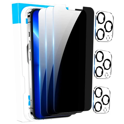Fotbor [3+3 Pack] iPhone 13 Pro Max Privacy Screen Protector with Camera Lens Protector, Anti Spy Private Full Coverage Bubble Free 9H Hardness Tempered Glass Film 6.7 Inch with Easy Installation Kit