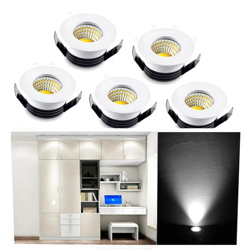 Sorfia 5Pack 3W Mini LED Lights - 1 Inch Recessed, Under Cabinet - Cool White (6000K) - 300LM - AC 110V/220V - LED Driver Power Supply
