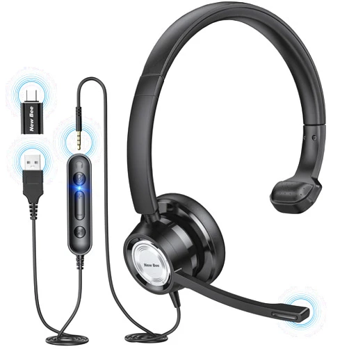 New bee USB Headset with Microphone for PC Computer Headset, Single Ear Headset Noise Cancelling Mic, Call Center Wired Headset with 3.5 mm/USB/Type C for Skype Zoom Tablet Laptop