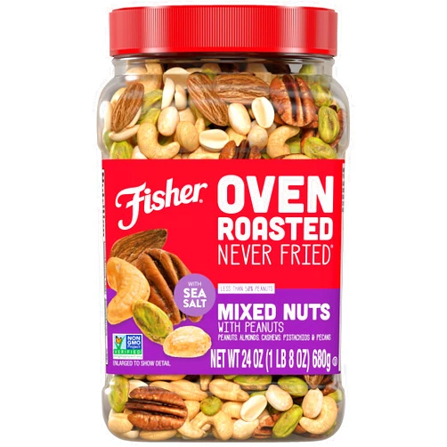 Fisher Oven Roasted Never Fried Mixed Nuts with Peanuts, 24 Ounces (Pack of 1), Peanuts, Almonds, Cashews, Pistachios, Pecans, Snacks for Adults, Made With Sea Salt, No Added Oils, Artificial Ingredients or Preservatives, Trail Mix, Gluten Free ​