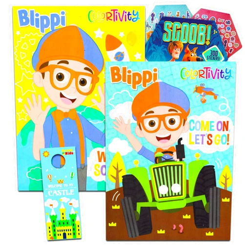 Crenstone Blippi Coloring Book Set - 2 Jumbo Blippi Activity Books with Scooby Doo Stickers, and More | Blippi Coloring Books for Kids Ages 4-8