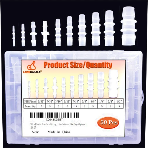 LAIMIGASALA 50Pcs Plastic Hose Barb Fittings Assortment, 10 Sizes of Equal Barbed Hose Pipe Fitting Connector Adapter Union Splicer Joint for Air Gas Water Liquid Fuel Line Catheter Tube Pump Adapters
