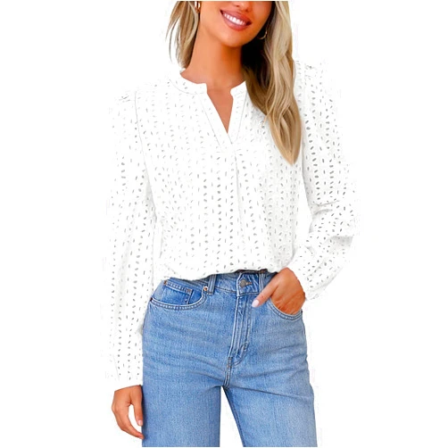 MEROKEETY Women's Hollow Out Lace Blouse Eyelet Embroidery Puff Long Sleeve V Neck Fall Boho Top Shirts