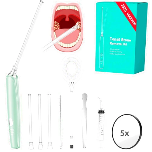 Nvxigac Tonsil Stone Remover Kit -Electronic Tonsil Stone Vacuum, 3X Safe Suction, 150 Degree Rotate Tonsil Stone Remover,12 in 1 Tonsil Cleaner, Oral Lamp, 5X Magnifying Mirror, Water Flosser & Syringe