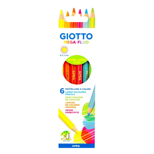 Giotto Mega Coloured Pencils Thick Hexagonal 5.5 mm Lead, Assorted Neon Colours, 6 Pieces
