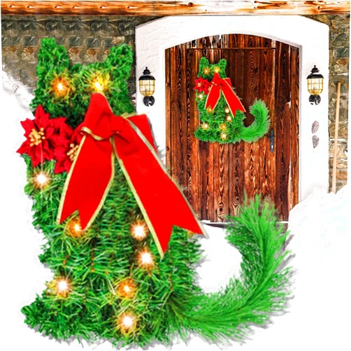 Poluom Green Christmas Cat Wreath, Cat Wreath, Cat Shaped Wreath Christmas, Cat Christmas Wreath, Green Christmas Cat Wreath with LED Lights (2 PCS)