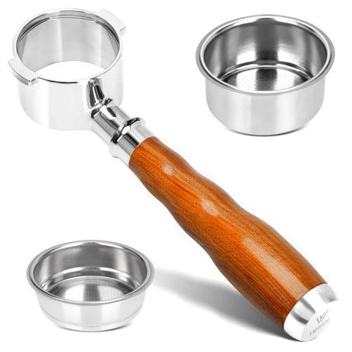 YMWVH 51mm Bottomless Portafilter 2 Ears with 2 Filter Baskets(Single+Double Shots) for De-longhi ECP3420/EC155/BCO430/EC260,100% Stainless Steel Portafilter and Walnut Handle