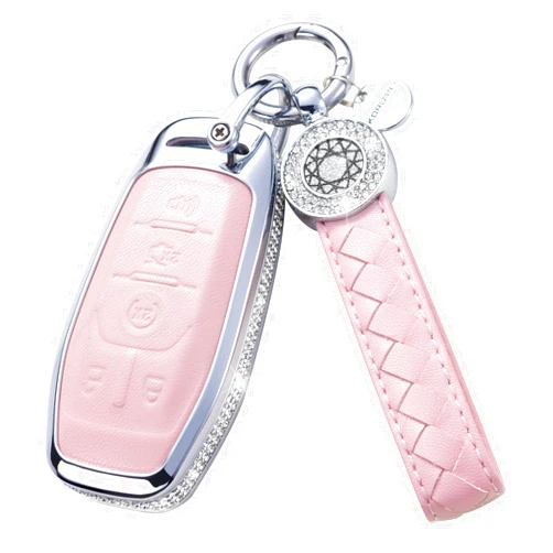 SHANGHONG for Ford Key Fob Cover with Keychain, Leather Crystal Key Case Protector Compatible with Ford Fusion Mustang F150 Edge Explorer Lincoln MKZ MKC MKX Smart Remote Key, Pink
