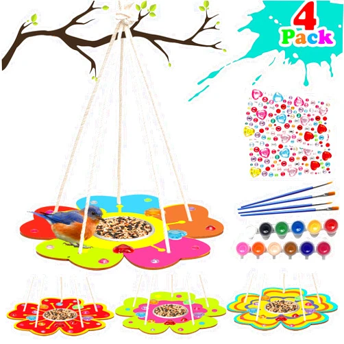 YOYOJOY 4 Pack Arts and Crafts Bird Feeders Kit for Kids, DIY Kids Crafts for Boys Girls Toddlers 3 4 6 8 12, Wooden Painting Craft Kits Outdoor Activities